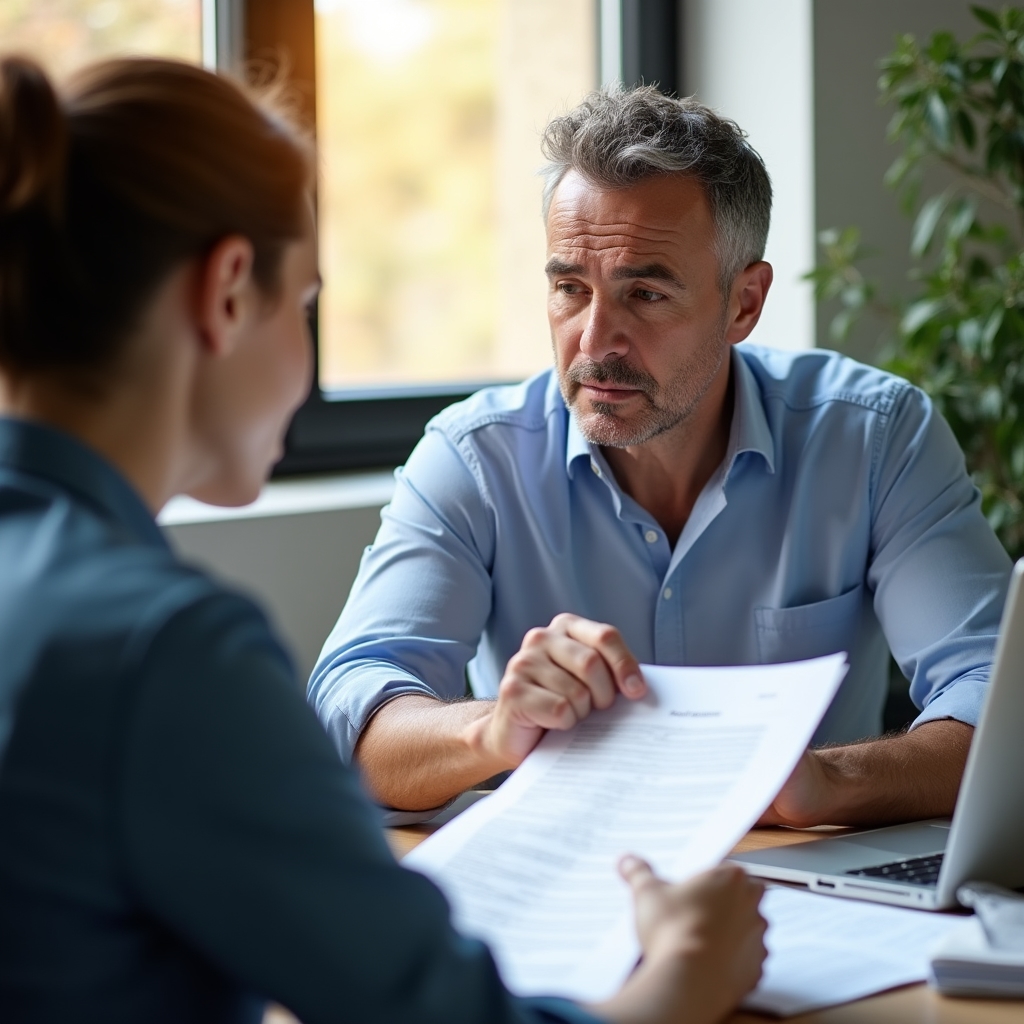 Manager che indica un dato su un report durante una discussione con un collega