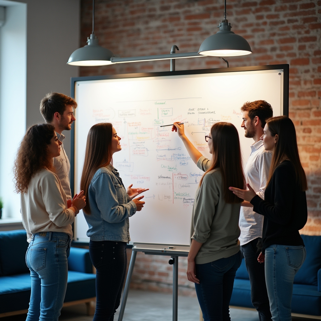 Team che discute davanti a una lavagna con grafici e appunti durante una sessione di lavoro